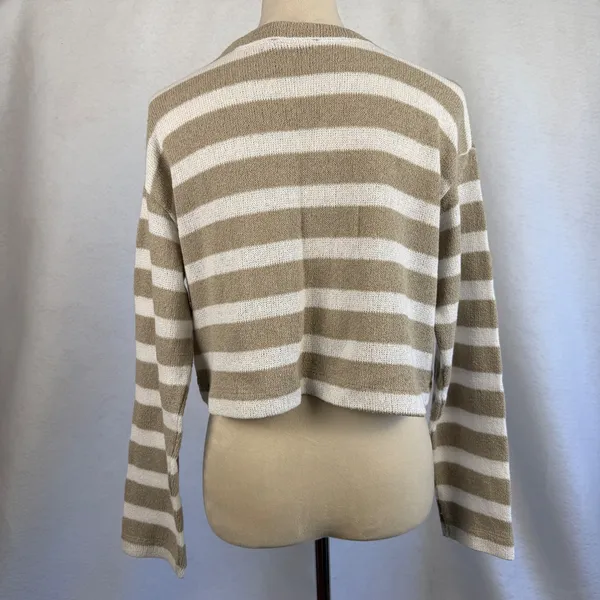 Zara Womens Small Tan White Striped Cropped Knit Sweater‎ Crew Neck - Image 3