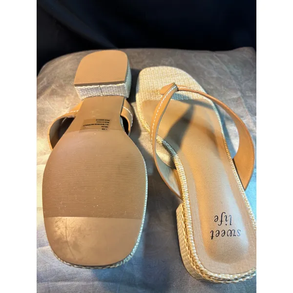 Sweet Life Helen Tan Woven Raffia Block Heel Thong Sandals Square Toe 7.5M - Image 6