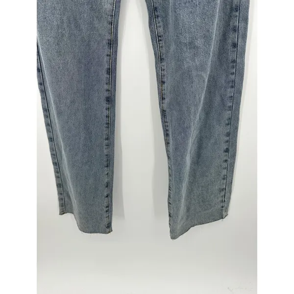 White Fox What A Feeling Mid Rise Straight Leg Jeans‎ Blue Wash Size L Raw Hem - Image 5