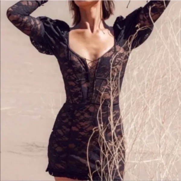 For Love and Lemons Violetta Lace Up Mini Black Lace Dress SMALL - Image 2