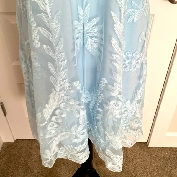 Miami| Sky blue baby doll dress w/ lace overlay. Spaghetti straps w/ razorback - Image 3