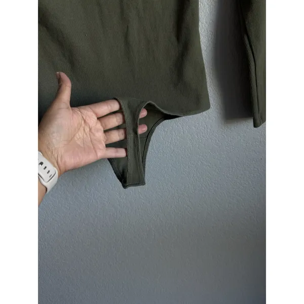 Nuuds Long Sleeve Cotton Jersey Crew Neck Thong Style Bodysuit Dark Olive Size M - Image 6