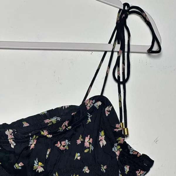 Free People Black Floral‎ Smocked Crop Top Tie Shoulder Adjustable M - Image 7