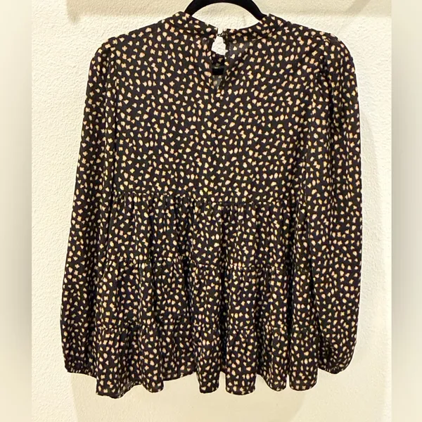 Ott Black Tiered Long Sleeve Blouse – Smudge Dot Print – Size Small - Image 5