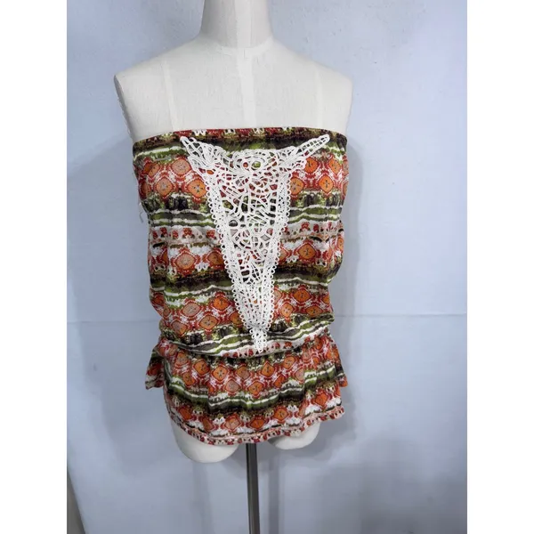 Weavers Boho Crochet Trim Printed Peplum Tube Top Rust‎ Olive Size XL New - Image 8