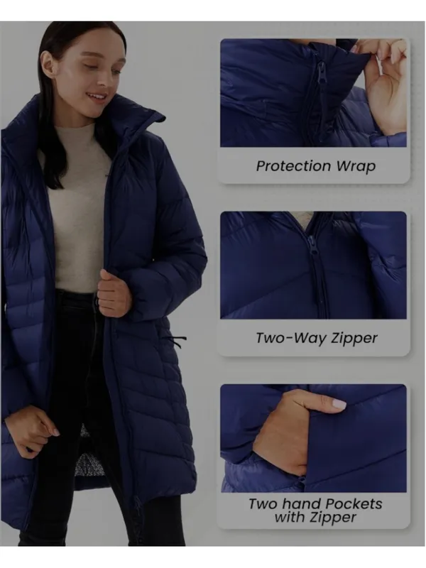 NEW Thermal Lightweight Down Jacket Long Puffer Hiking Coat Detachable Hood XL - Image 2