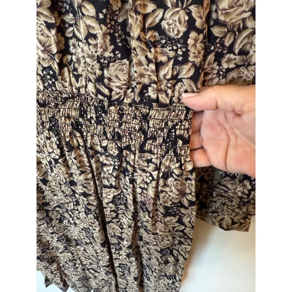 VTG Taurus II Long Sleeve Lace Trim Smocked Waist Midi Dress Floral Black 12 - Image 10