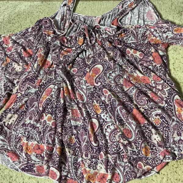 Free People Boho Cold Shoulder Blouse Womens Large Purple Paisley Bell Sleeve - Image 10