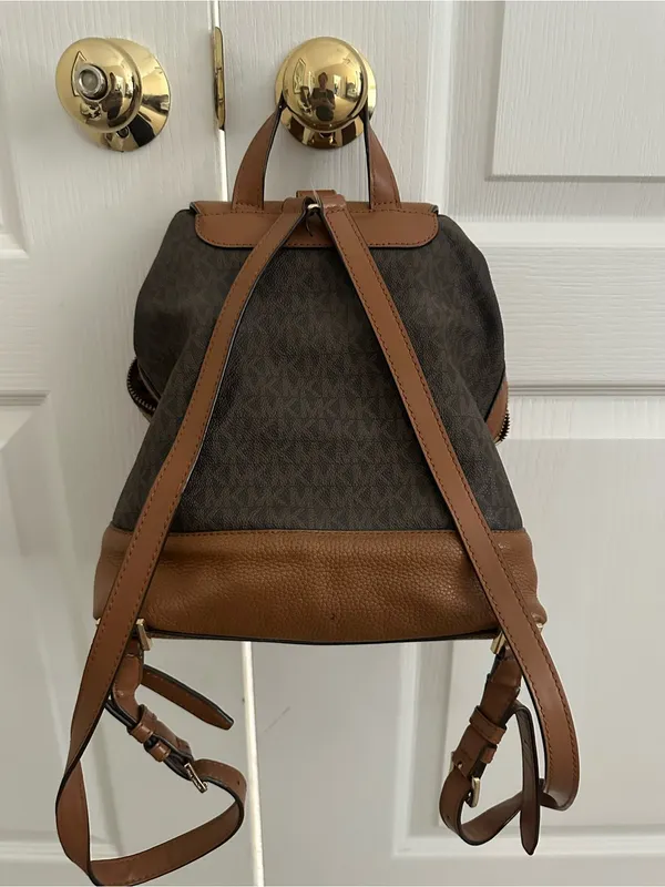 Michael Kors Raven Brown Logo Backpack with Tan Leather Trim - Image 3