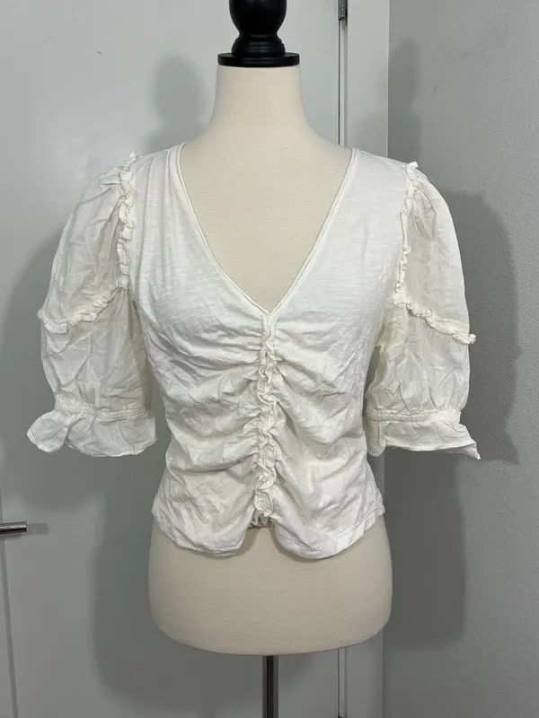 Anthropologie Medium Cream Ruffled Ruched Center V-Neck Blouse - Image 6