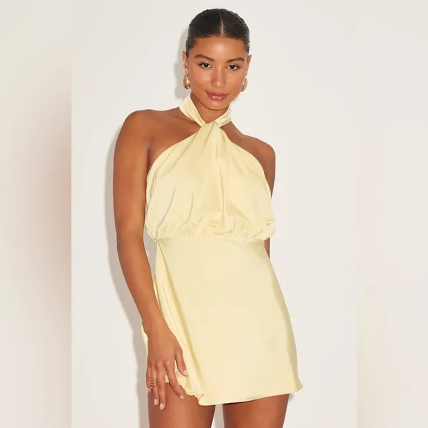 LULU’S Sleek Essence Light Yellow Satin Halter Sleeveless Mini Dress - Image 4