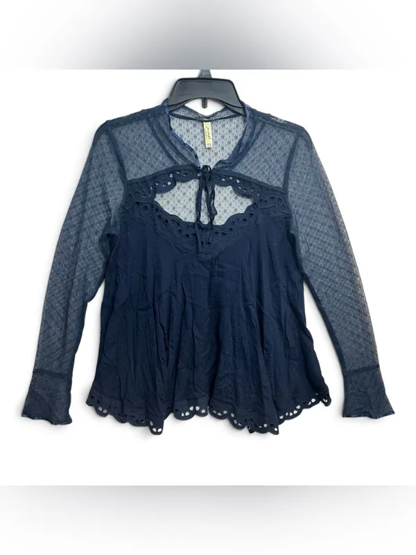 Free People Navy Blue Sheer Lace Eyelet Long Sleeve Boho Blouse Top Size M - Image 2