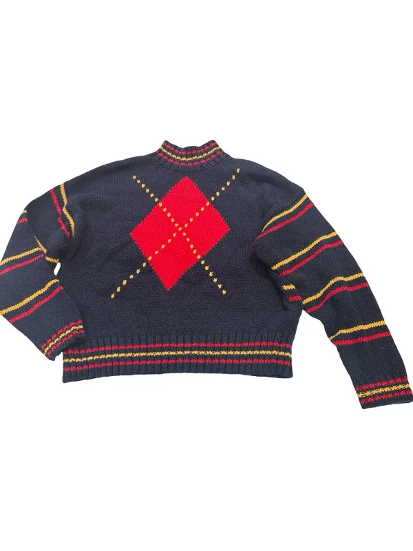 Lizwear Navy Red Gold Striped Argyle Mock Neck Sweater Colorblock Large Women's - Image 2
