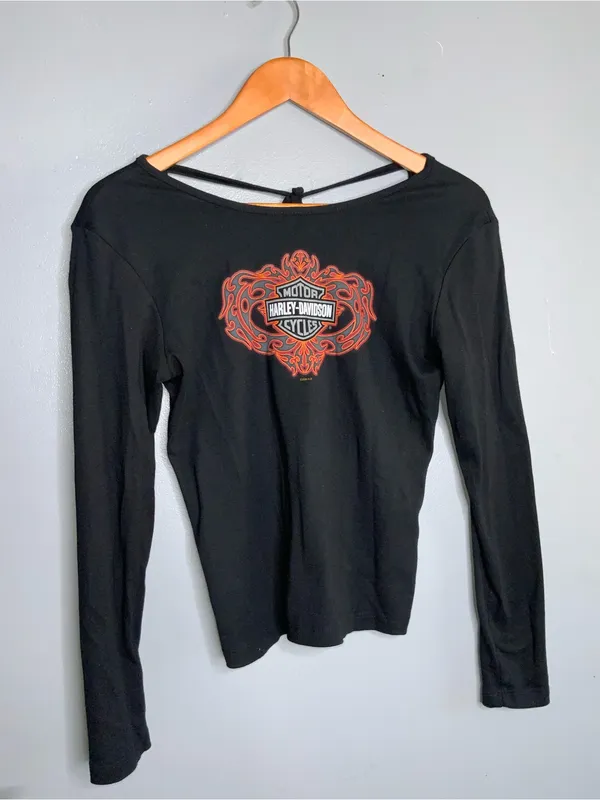 90’s Harley-Davidson Black Long-Sleeve Top with Orange Logo Small - Image 2