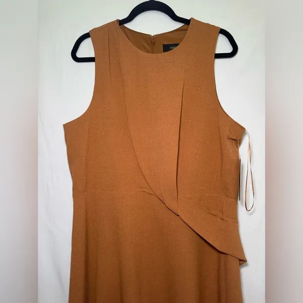 Maia Camel Sleeveless Midi Dress Draped‎ Front Size 14 - Image 5