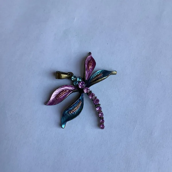 Vintage fairy cottagecore Dragonfly pendant with purple and teal rhinestones. - Image 8