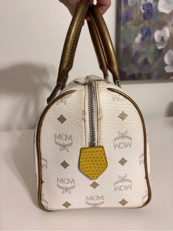 MCM Princess Lion Satchel H0501 White Visetos Bronze Python Trim Satchel - Image 4