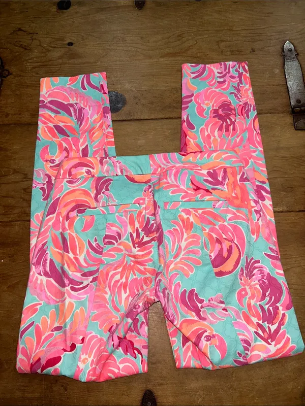 Lilly Pulitzer Floral Print Straight Leg Pants Pink Aqua Size 00 - Image 5