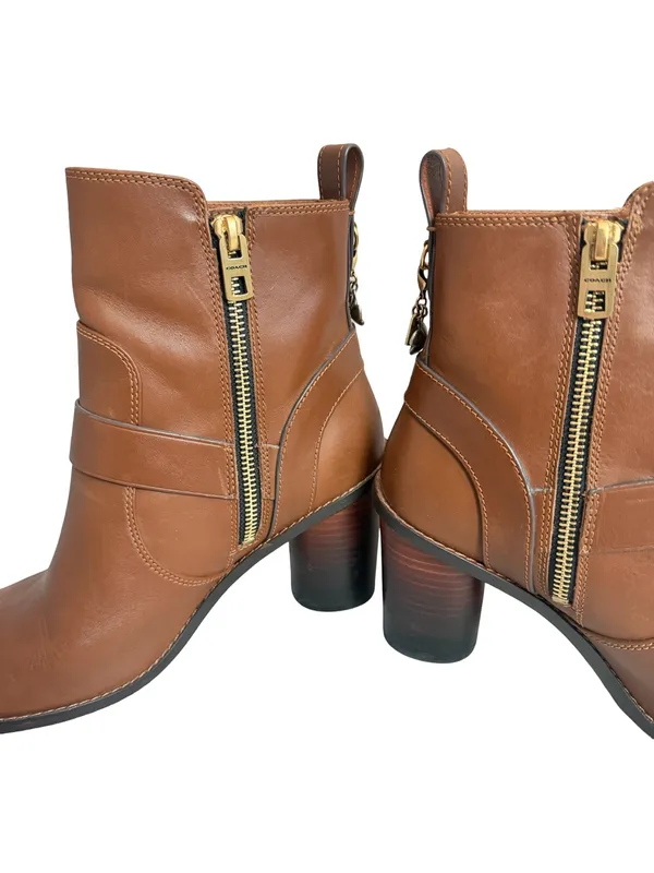 Coach Saddle Tan Leather Moto Buckle Heeled Ankle Booties Biker Size 8.5 Women's - Image 7
