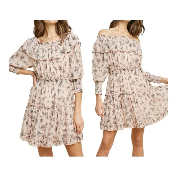 Hayden Los Angeles Floral Ruffle‎ Mini Dress Small Pink Smocked Off Shoulder - Image 2