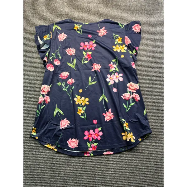 Womens Floral Flutter Sleeve Top Shirt Navy Blue‎ Pink Yellow Crew Neck Large - Image 7