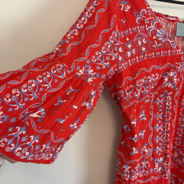 Small Skies are Blue Red Blue Boho Floral Print Dress Bell Sleeves Button Lined‎ - Image 7