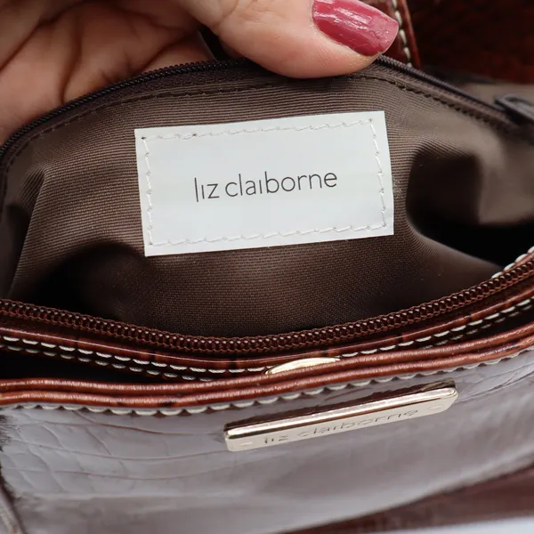 Liz Claiborne Tote Bag Women's Large Croc Embossed Brown Patent Faux Leather - Image 7