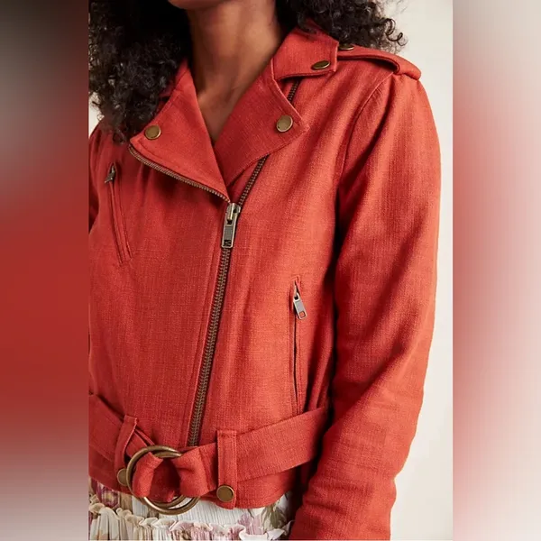 FRYE x Anthropologie Cropped Vita Cotton Moto Jacket in Burnt Cedar‎ Size XS - Image 3