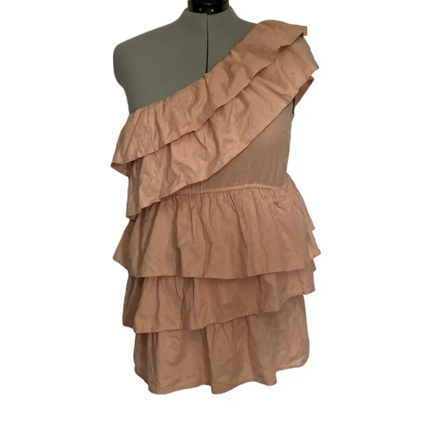 One Shoulder Ruffle Boho Festival Dress Sz14 Neutral Cottagecore Boohoo Y2K New - Image 2