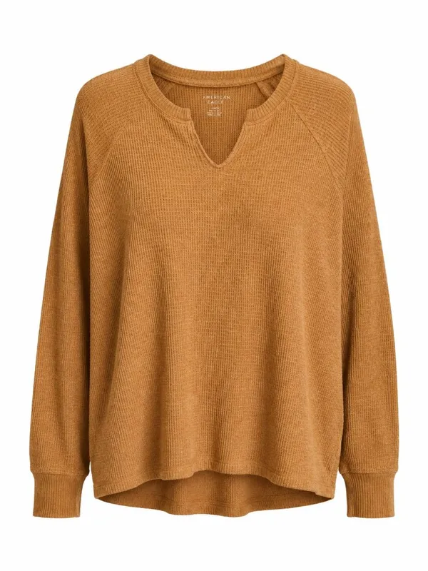 American Eagle Orange Waffle Knit Split Neck Long Sleeve Top Large - Image 2