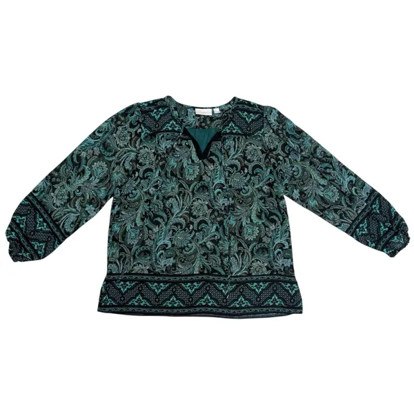 Kim Gravel Belle Black Green Paisley Sheer Sleeve Overlay Split V Neck Tie Top M - Image 7