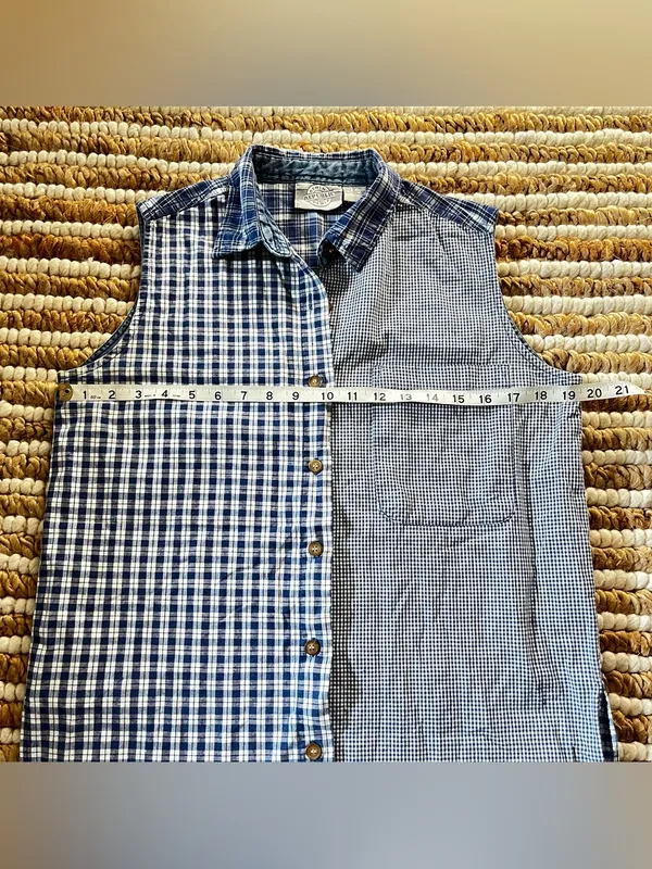 Vintage 100% Cotton Republic Denim Blue Plaid and gingham Button-Up tanktop - Image 3