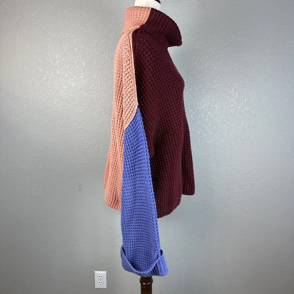 Free People Colorblock Park City Pullover Sweater Size M Waffle Knit Cowl Neck‎ - Image 5