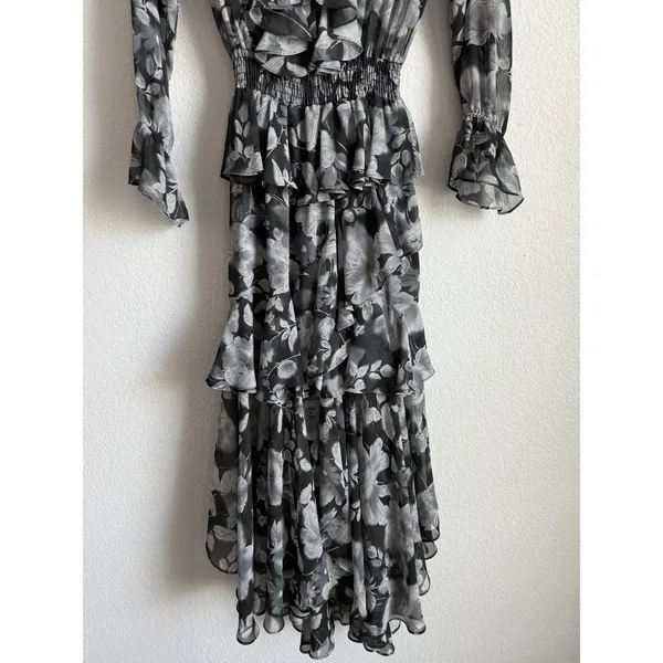 MISA Los Angeles Agnese Ruffle Tiered Midi Dress Chiffon Black Floral Boho XS - Image 13