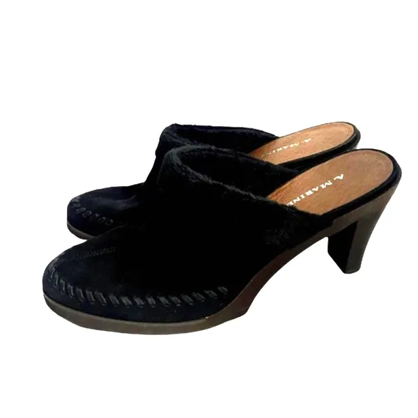 A. Marinelli Black Suede‎ Faux Fur Lined Whipstitch Mules Block Heel Size 8.5M - Image 4
