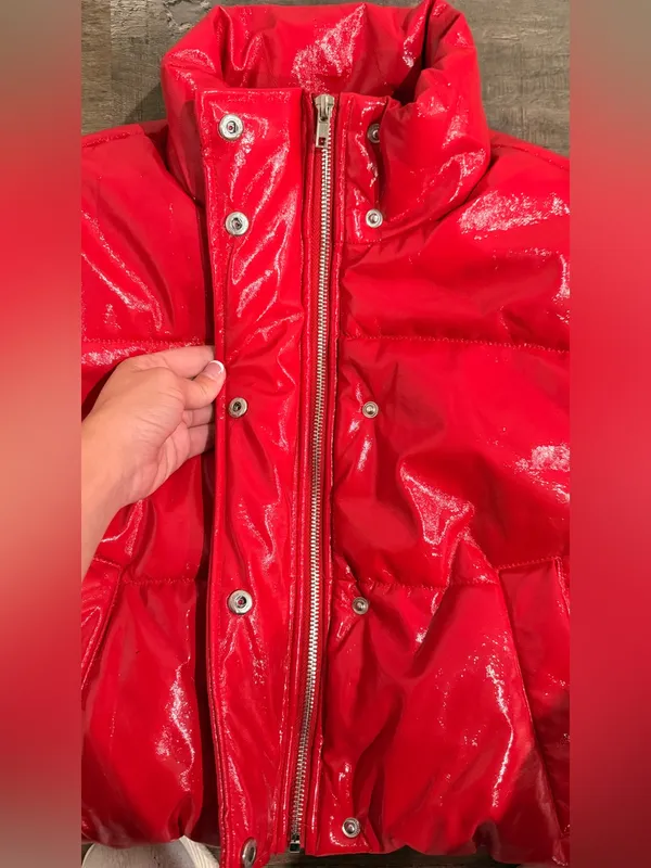 Ambiance Red Shiny Puffer Jacket - Women's Short Coat - Image 3