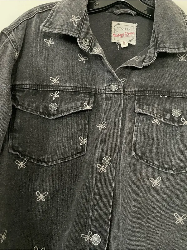 Stoosh Black Denim Shirt Jacket Womens Small Butterfly Print Oversized Button Up Cotton - Image 3