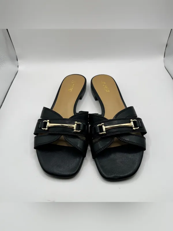J.Crew Bit Slide Sandals in black slip on polished gold-tone horsebit size 7 - Image 2