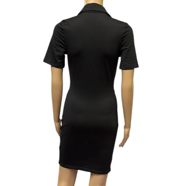 Source Unknown Black Ruched Bodycon Full Button Front Short Sleeve Mini Dress Womens Small - Image 3