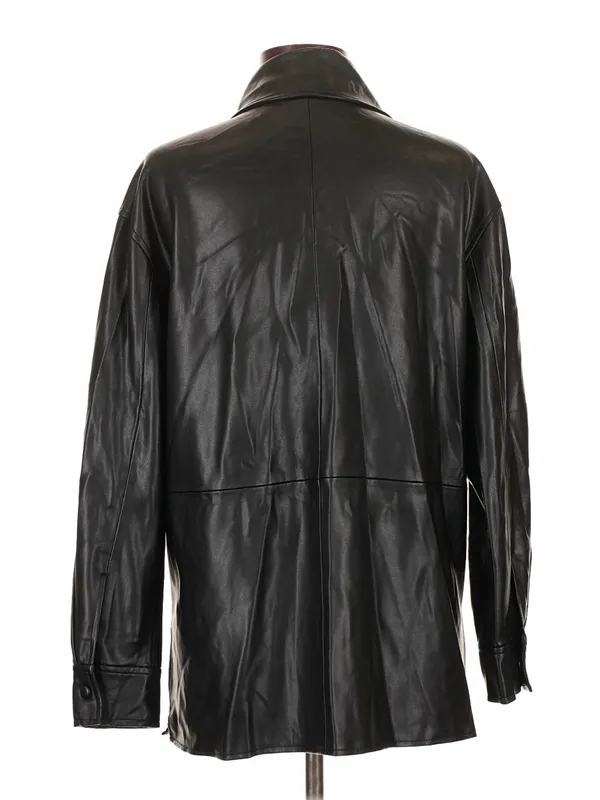 MANGO MNG Black Faux Leather Oversized Shacket Button Up Jacket Size L - Image 2