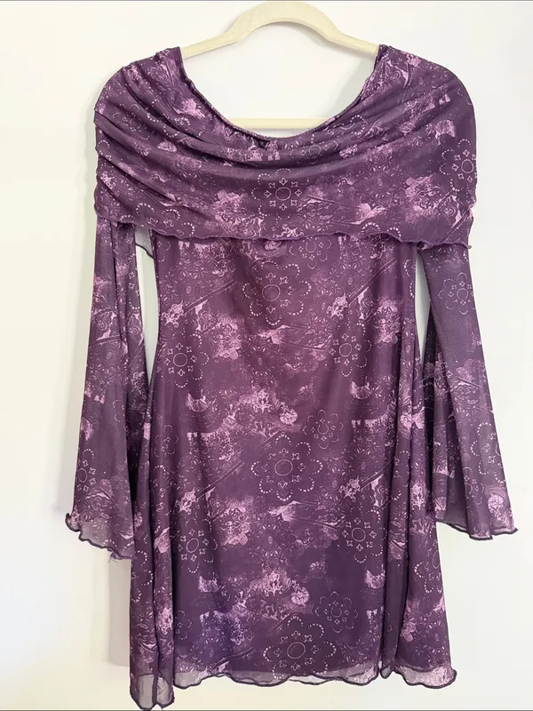 Purple Off-shoulder Long Sleeve Mini Dress with Draped Neck and Bell Sleeves - Image 4