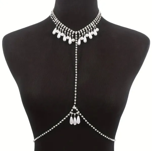 Faux Pearl Tassel Pendant Body Chain Full Of Shiny Rhinestone Body Chain Jewelry - Image 8