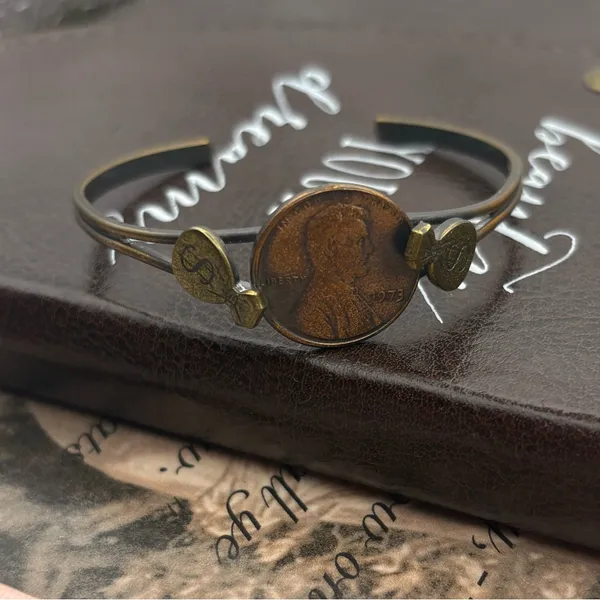 Vintage 1973 Penny Bracelet Boho Coin Cuff Americana Adjustable - Image 2