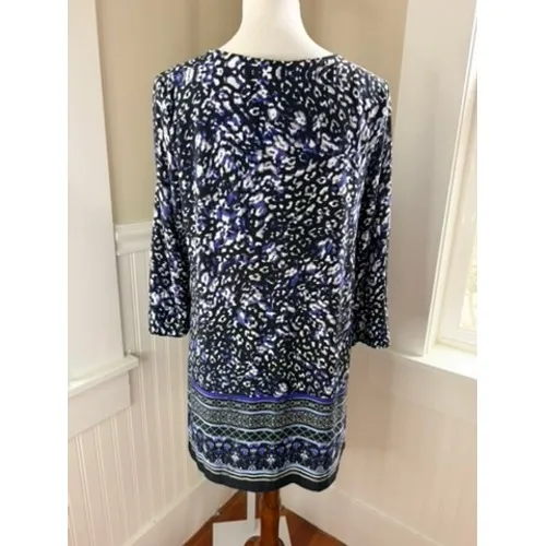 David Emanuel Animal Print Sequin V-Neck Shift Dress Blue Black Size 12 US - Image 2