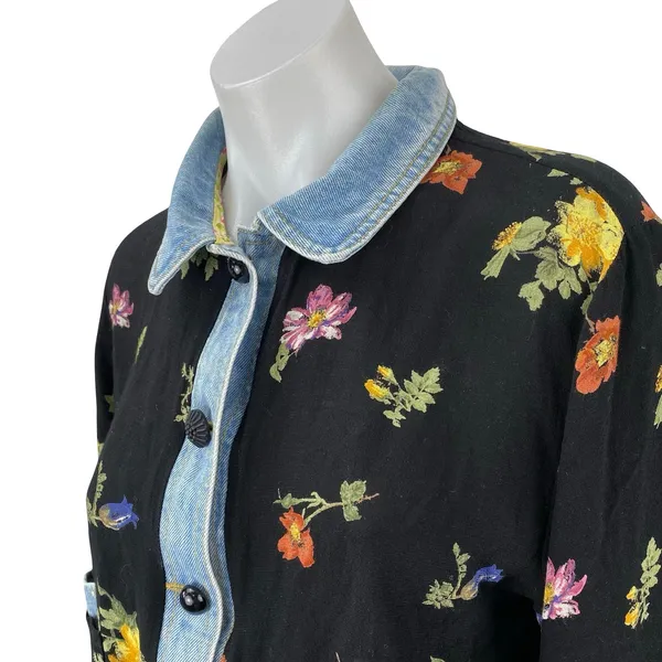 Vintage Romeo Black Floral Long Sleeve Denim Jean Button Down Shirt Top Size M - Image 3