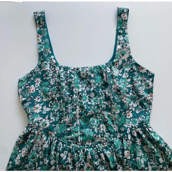 Band of‎ the Free Anthropologie Teal Floral Smocked Mini Dress Boho L - Image 7