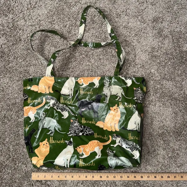 Harrods Tote Bag Womens Large Green Cat Print PVC Coated Excellent Zip Top - Image 2