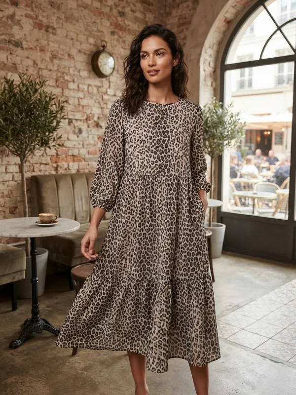 Zara Leopard Print Tiered Midi Dress Women’s Size M - Image 6