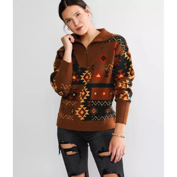 BKE Western Pullover Sweate 3/4 Zip Women's Size Large Boho Aztec Brown Soft‎ - Image 2
