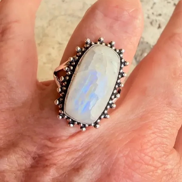 Rainbow Moonstone 925 Silver Overlay Ring Size 9 - Image 4